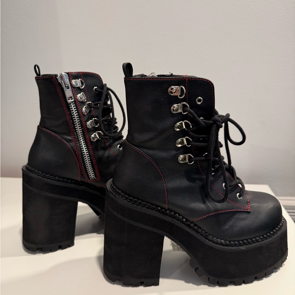 Demonia Black Platform Boots with Red Stitching - Picture 4 of 4